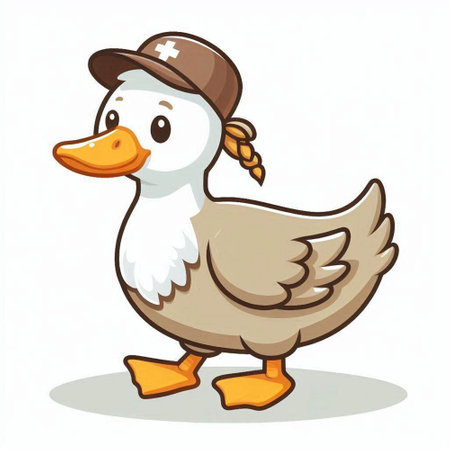 Duck with hat on white background. Cute cartoon vector illustration.のイラスト素材