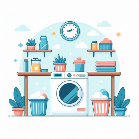 Laundry room flat vector illustration. Washing machine, towels, washing powder, detergents, soap, detergents, bathroom accessories. Laundry service concept.のイラスト素材