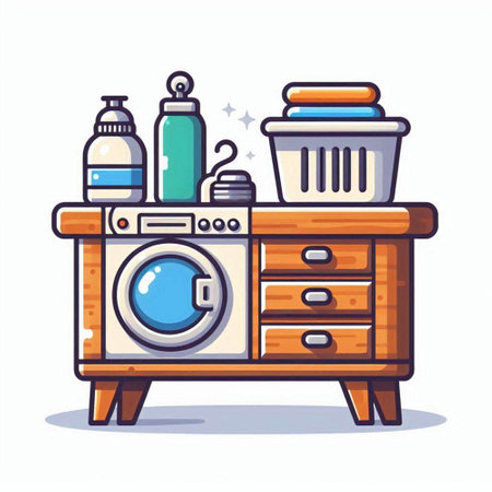 Dishwasher, washing machine and cleaning products. Vector illustration.のイラスト素材