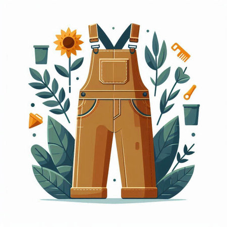 Vector illustration of working overalls with sunflower, leaves and tools.のイラスト素材