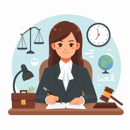 Female lawyer sitting at desk and writing in notepad. Vector illustrationのイラスト素材