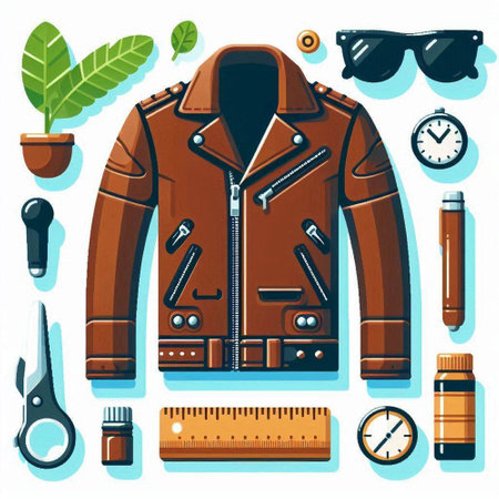 Vector illustration of men's jacket, sunglasses, compass, flask, ruler, pencil, scissors.のイラスト素材
