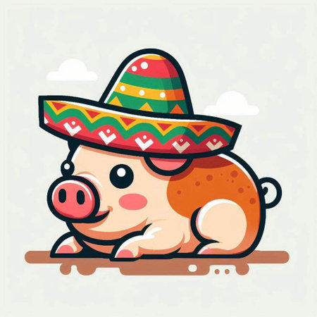 Cute pig in mexican sombrero. Vector illustration.のイラスト素材