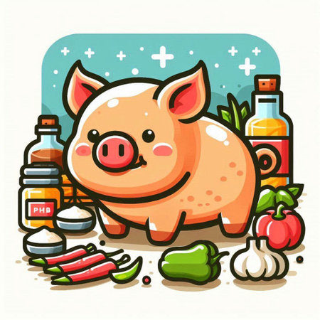 Pig with food and vegetables. Vector illustration in cartoon style.のイラスト素材