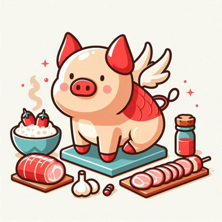 Illustration of a cute pig sitting on the scales and eating sushiのイラスト素材