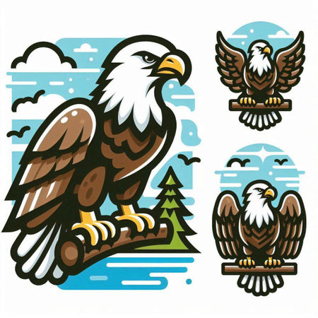 Bald Eagle Vector Illustration. Set of Eagle Icons.のイラスト素材