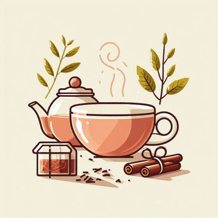 Cup of tea with cinnamon and leaves. Hand drawn vector illustration.のイラスト素材