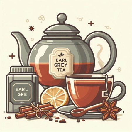 Cup of tea with teapot, cinnamon, anise and lemon. Vector illustration.のイラスト素材