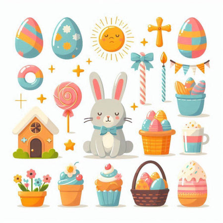 Easter set with cute cartoon bunny, eggs, candies, cupcakes. Vector illustrationのイラスト素材