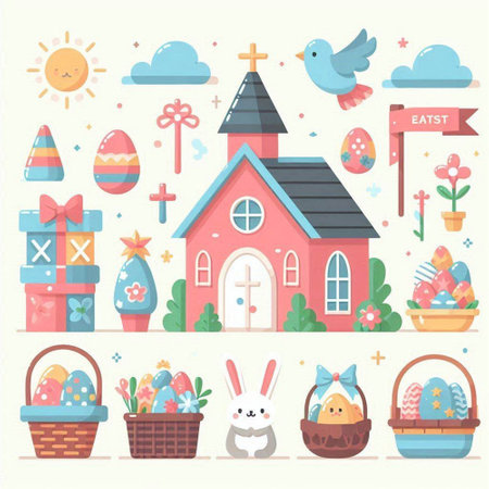 Easter set with eggs, bunny and basket. Vector illustration in flat styleのイラスト素材
