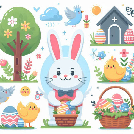 Easter bunnies with basket, eggs, flowers and birds. Vector illustrationのイラスト素材