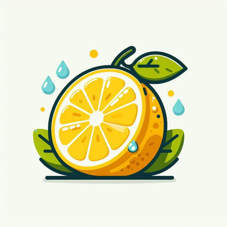 Lemon with green leaves and drops of water. Vector illustration.のイラスト素材