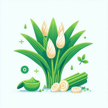 Vector illustration of green tea plant with leaves and slices of ginger.のイラスト素材