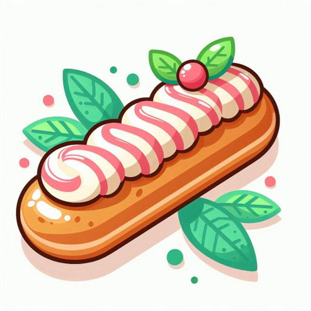 Eclair with whipped cream and cherry on a white background. Vector illustration.のイラスト素材