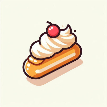 Creamy eclair with whipped cream and cherry. Vector illustration.のイラスト素材