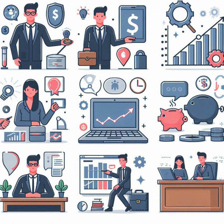 Business and finance icons set. Vector illustration in flat style. Businessman, accountant, bank employee, businesswoman, man, man, woman.のイラスト素材