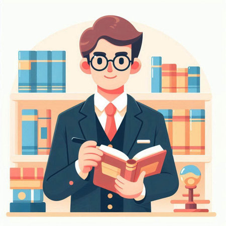 Young man in a suit and glasses reading a book in the library. Vector illustrationのイラスト素材