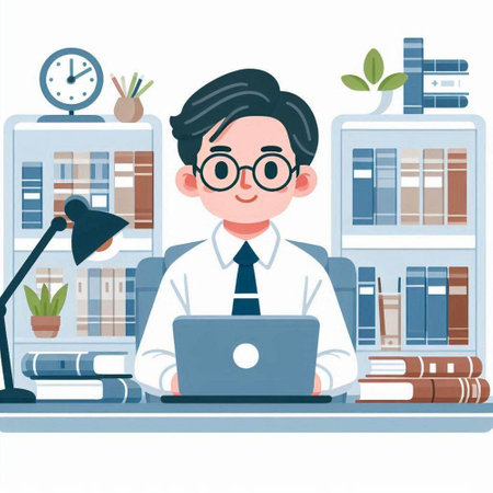 Illustration of a man working on a laptop in the office.のイラスト素材
