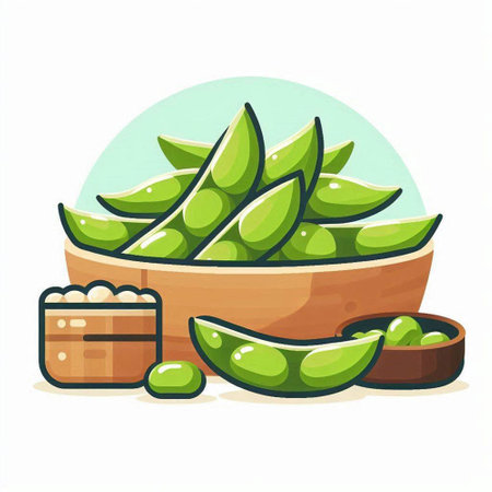Soy pods in wooden bowl. Vector illustration on white background.のイラスト素材