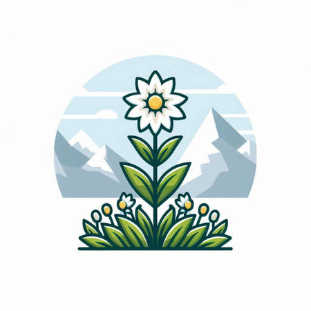 Vector illustration of a flower in the field and mountains in the backgroundのイラスト素材