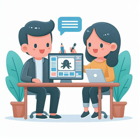Man and woman working on computer at office. Flat style vector illustration.のイラスト素材