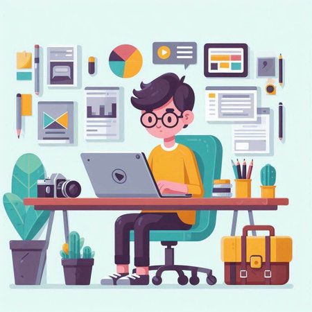 Young man sitting at desk and working on laptop. Flat vector illustration.のイラスト素材