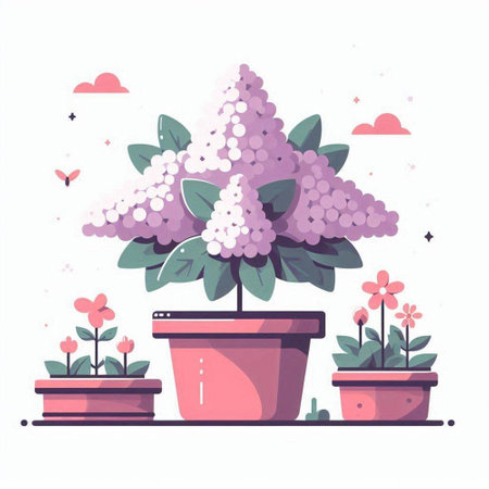 Flowers in pots. Vector illustration in flat style on white background.のイラスト素材