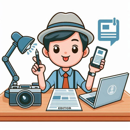 Illustration of a man in a hat with a camera and a laptopのイラスト素材