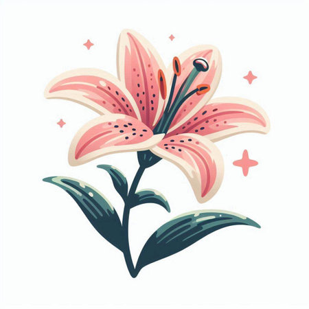 Pink lily flower isolated on white background. Hand drawn vector illustration.のイラスト素材
