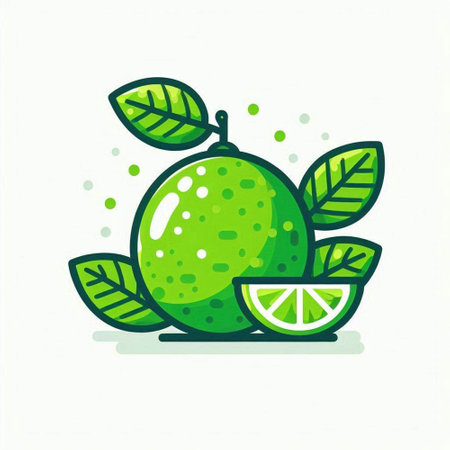 Lime fruit with leaves and slice on white background. Vector illustration.のイラスト素材