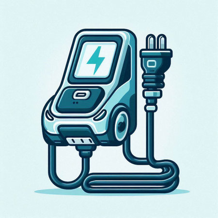 Electric car charging station with electric cable and plug. Vector illustration.のイラスト素材