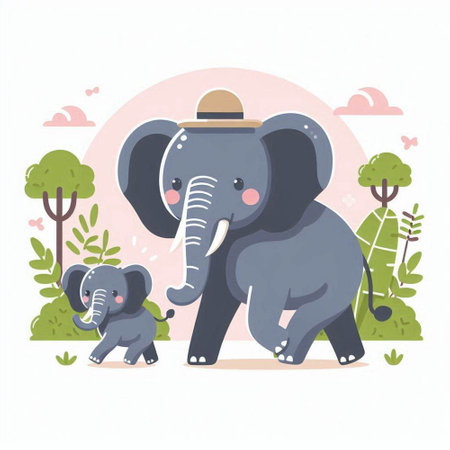 Cute elephant and baby elephant. Vector illustration in flat style.のイラスト素材