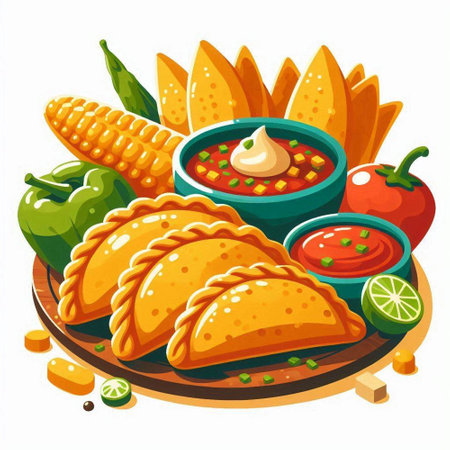 Mexican food vector illustration with corn tacos, guacamole and salsa.のイラスト素材