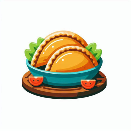 Fried meat pie on plate with tomato and lettuce. Vector illustration.のイラスト素材