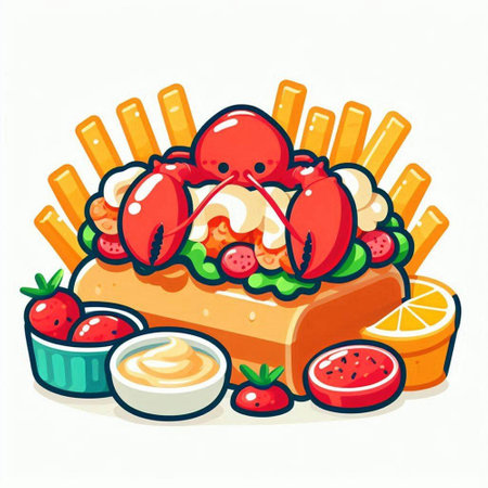 Illustration of a lobster sandwich with french fries and mayonnaiseのイラスト素材