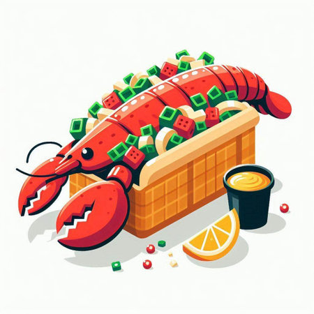 Lobster in waffle basket with sauce. Vector illustration.のイラスト素材