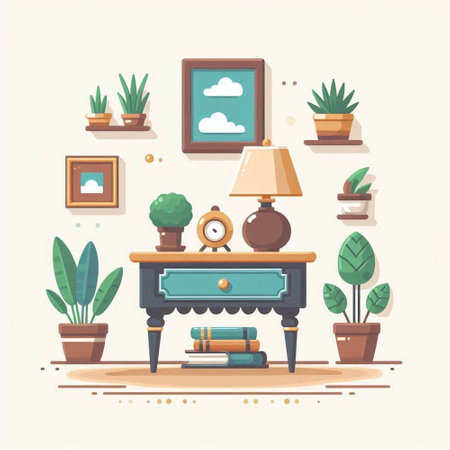 Flat design vector illustration concept of home interior with furniture, books, potted plants and lamp.のイラスト素材