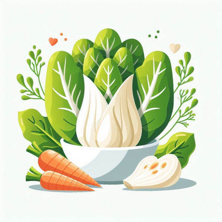 Vegetarian food vector illustration. Broccoli, carrot, onion, parsley in a bowl.のイラスト素材