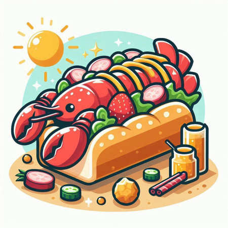 Vector illustration of lobster in bread roll with vegetables and sun on white backgroundのイラスト素材