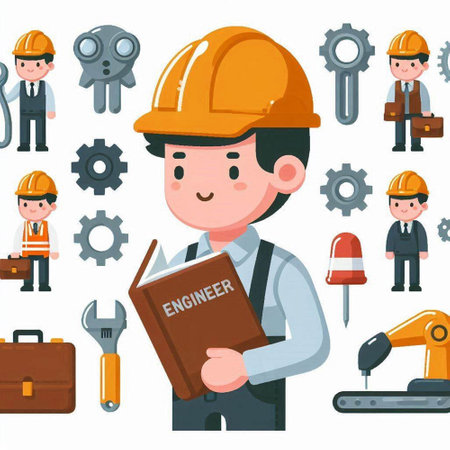 Engineer man with construction tools icons set. Vector illustration in cartoon styleのイラスト素材