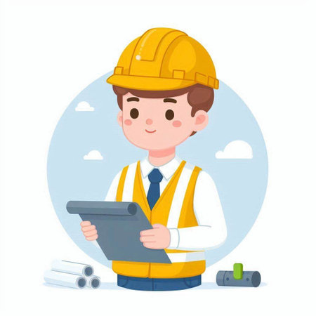 Construction worker using tablet. Vector illustration in a flat style on white background.のイラスト素材