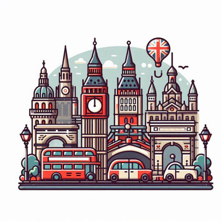 London famous landmarks. Hand drawn vector illustration in line art style.のイラスト素材