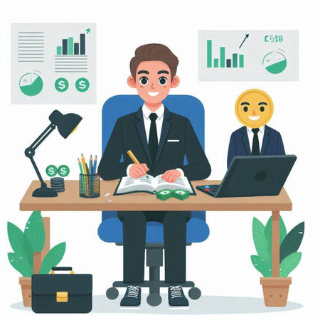 Businessman working at the office. Vector illustration in cartoon style.のイラスト素材