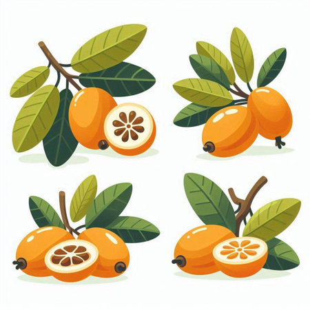Collection of ripe loquat fruits with leaves. Vector illustration.のイラスト素材