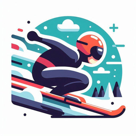 Vector illustration of skier in helmet on ski slope, flat style design.のイラスト素材
