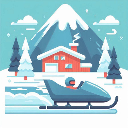 Snowmobile on the background of mountains. Vector illustration in flat styleのイラスト素材