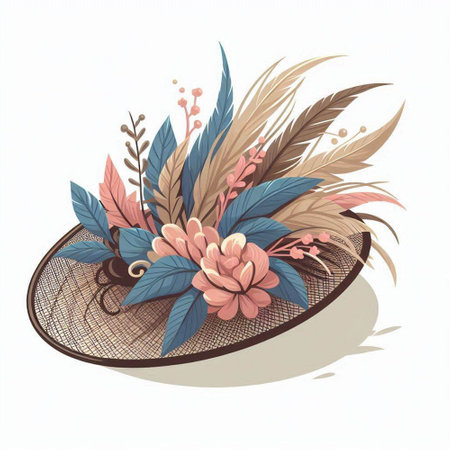 Illustration of a hat with feathers and flowers on a white backgroundのイラスト素材