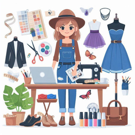 Fashion designer woman working at her workspace. Vector illustration in cartoon style.のイラスト素材