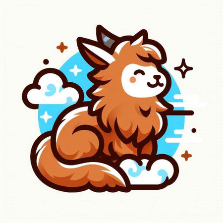 Cute cartoon alpaca sitting on the clouds. Vector illustration.のイラスト素材