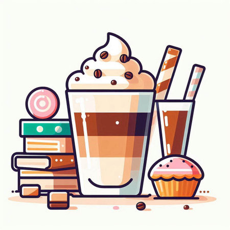 Coffee cup, books and sweets. Vector illustration in flat style.のイラスト素材